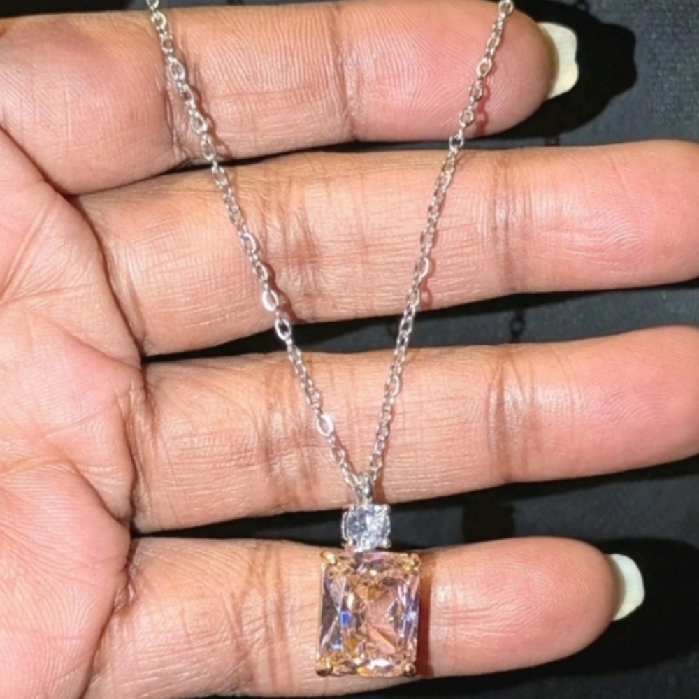 4.00 Emerald Cut Lab Created Pink Citrine Pendant 14k White Gold Plated Chain18"